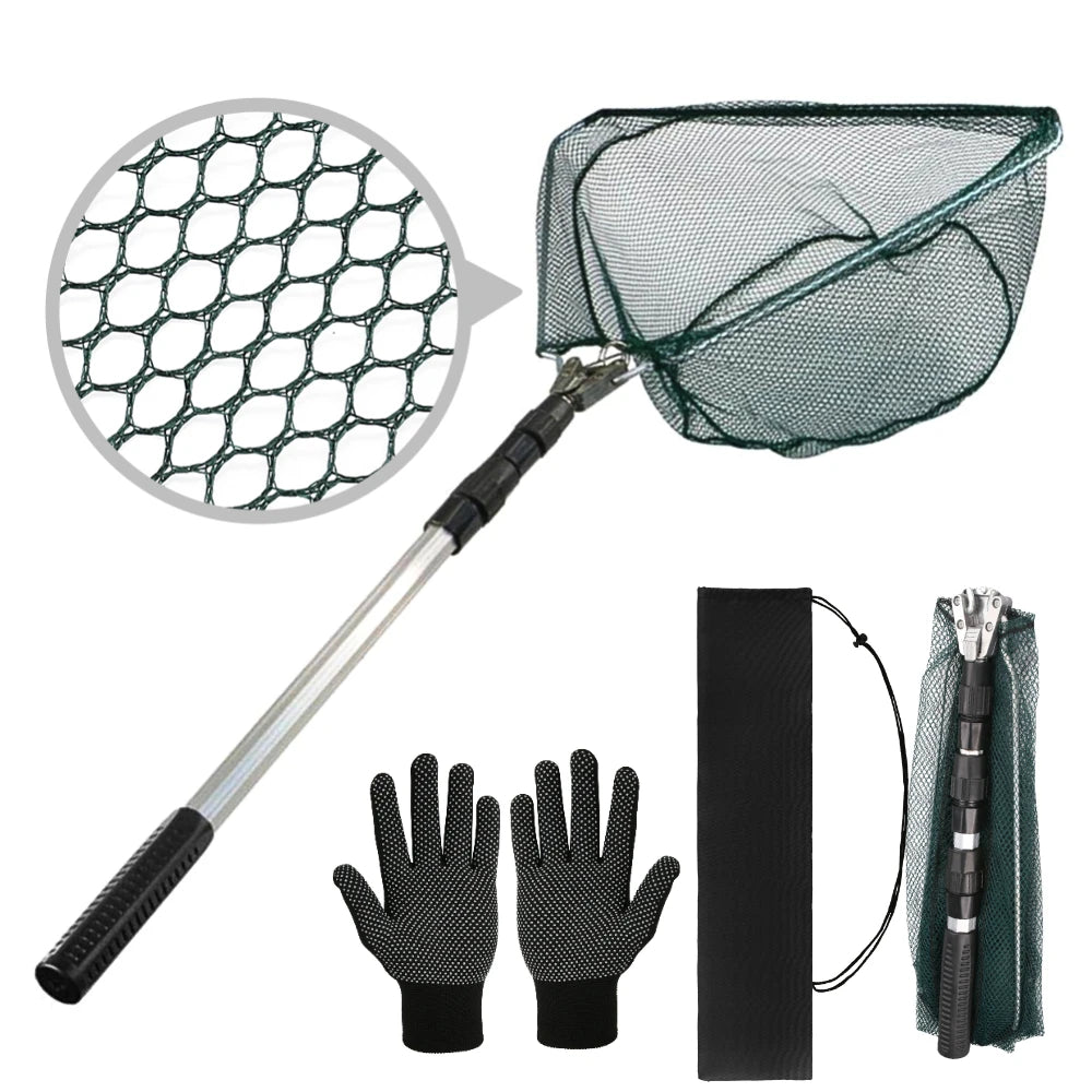 Telescoping Foldable Fishing Landing Net with Glove & Bag