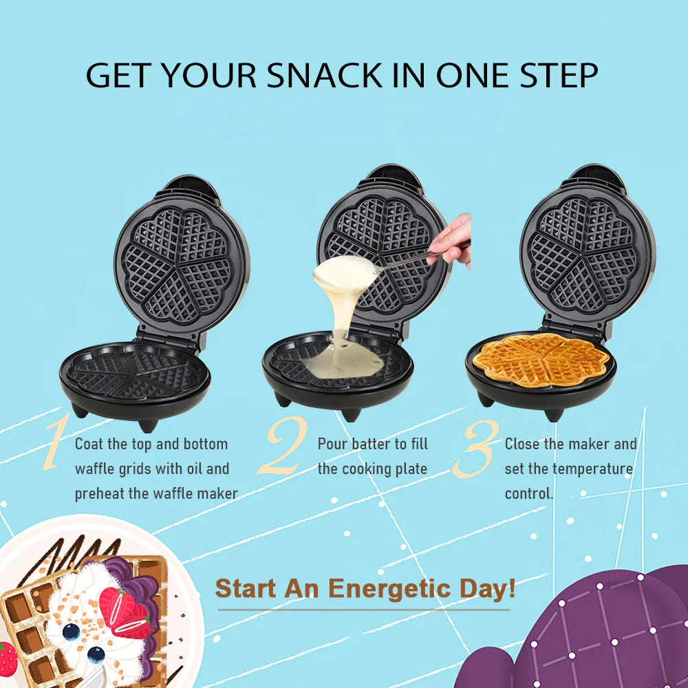 Heart-Shaped Waffle Maker | 5 Waffles, Non-Stick, 1000W