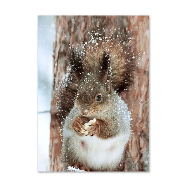 Christmas Deer & Squirrel Snow Scene Canvas Wall Art Print