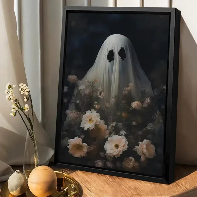 Retro Cute Ghost Companion & Reads Book Canvas Prints Monster Holds Black Cat Wall Art Poster for Living Room Halloween Decor Peaceful Pleasures Health and Wellness