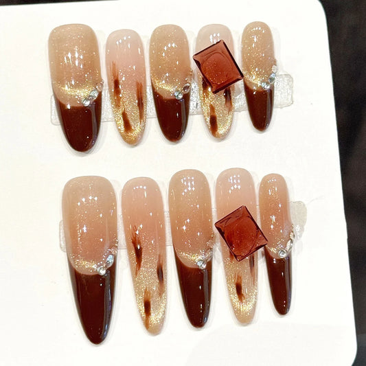 Long French Press-On Nails Brown Sugar Diamond Square Tips Press-On Nail Set Peaceful Pleasures Health and Wellness
