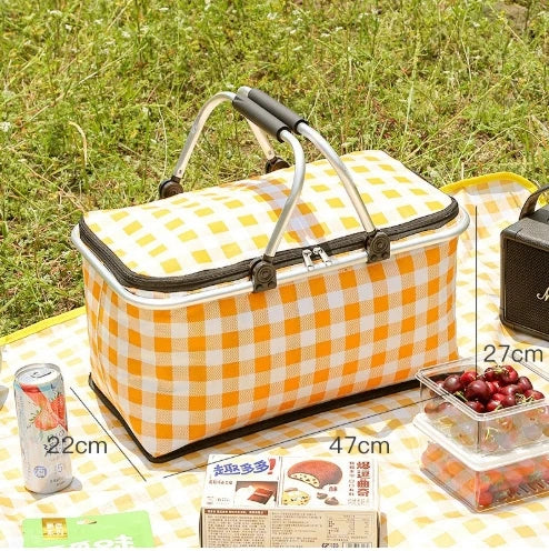Large Capacity Insulated Picnic Basket Portable Foldable Leak Proof Aluminum Foil Thermal Bag for BBQ Camping Travel Outdoor Peaceful Pleasures Health and Wellness Yellow
