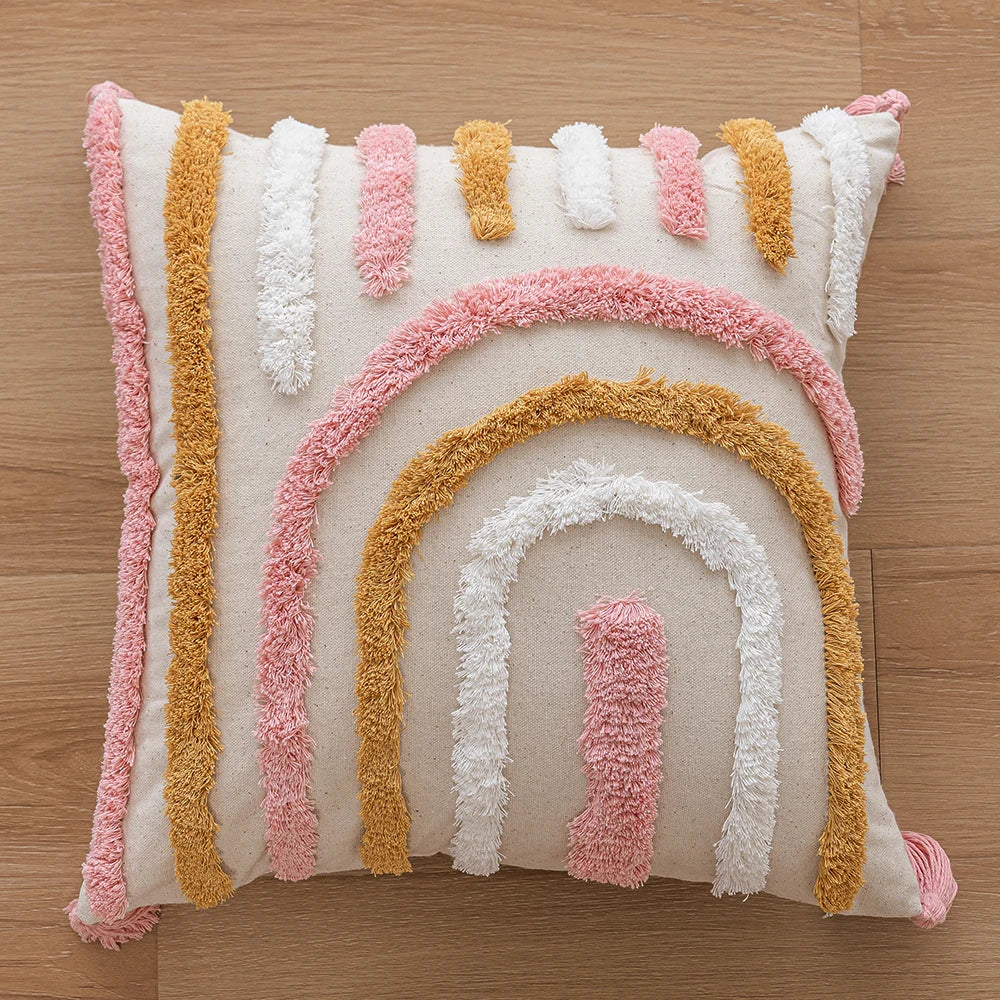 Woven Tufted Decorative Pillow Cover with Tassel Pink Boho Linen Cotton Pillowcase for Bed Living Room Sofa Cushion Home Decor Peaceful Pleasures Health and Wellness Line 45x45cm