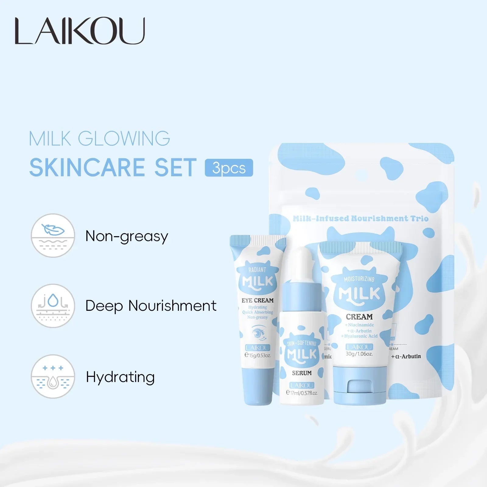 LAIKOU Milk Skincare Travel Set – Serum, Eye Cream & Face Cream 3pcs Peaceful Pleasures Health and Wellness