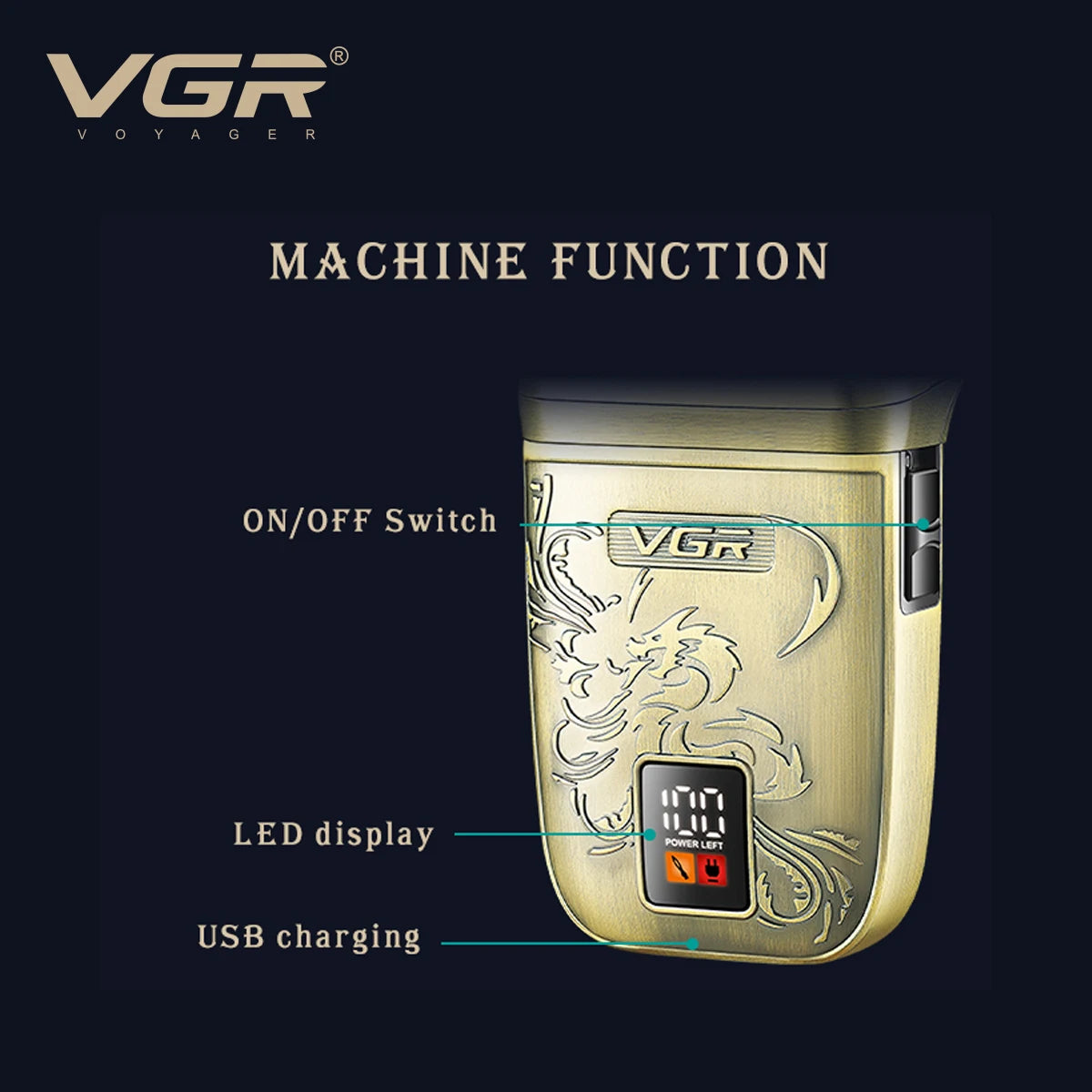 VGR Retro Metal Shaver Three Blade Deep Cleaning Shaver Embossed Body Intelligent Digital Hair Trimmer Hair Whitening V-349 Peaceful Pleasures Health and Wellness