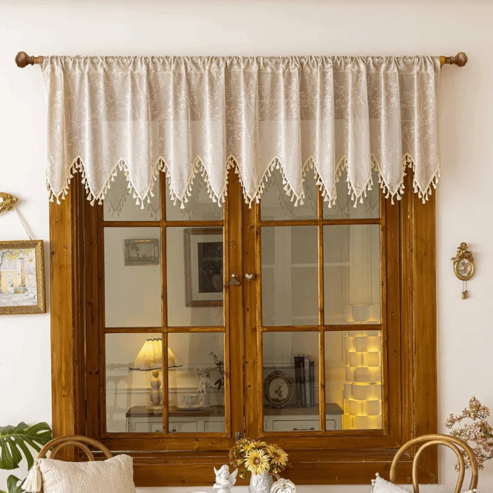 Rustic Short Tulle Window Curtain | Lace Fringe Trim