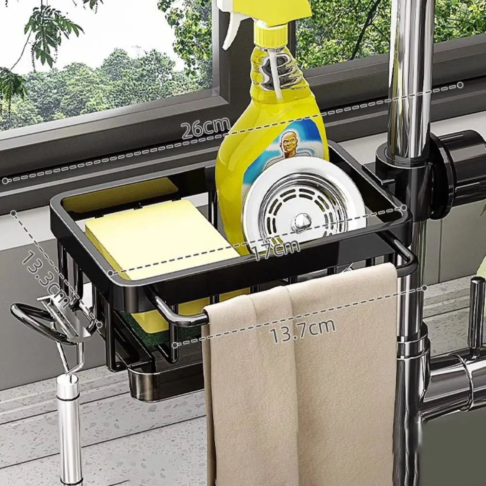 Space Aluminum Kitchen Sink Drain Rack Bathroom Organizer Soap Drainer Shelf Sponge Storage Basket Save Space Multipurppse Peaceful Pleasures Health and Wellness Black-On Left