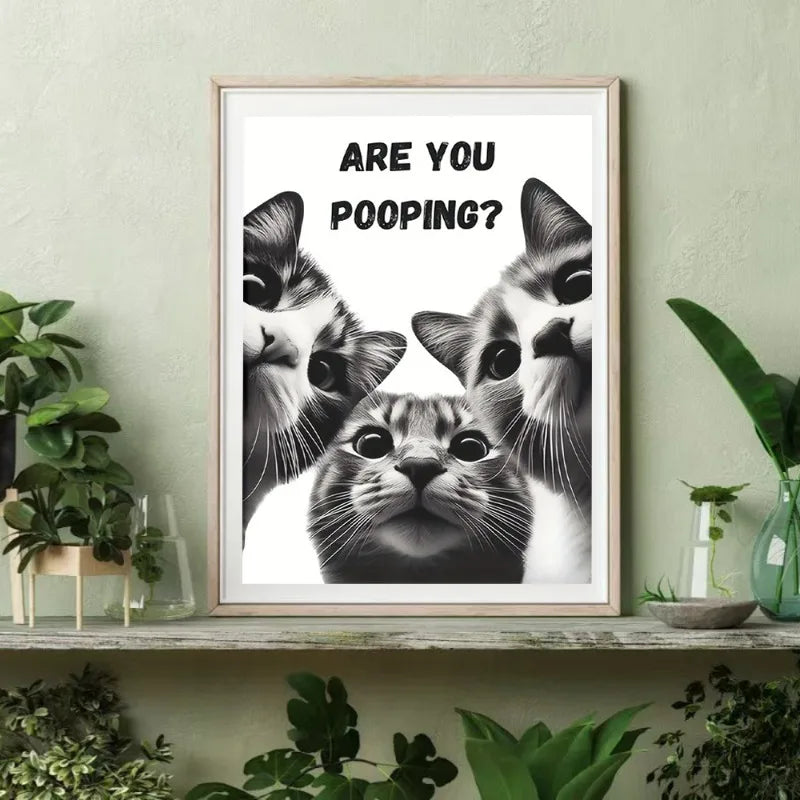Funny Cat Bathroom Canvas Art, 'Are You Pooping?' Humorous Toilet Decor, Frameless Wall Art for Home, Cat Bathroom Decor Art Peaceful Pleasures Health and Wellness