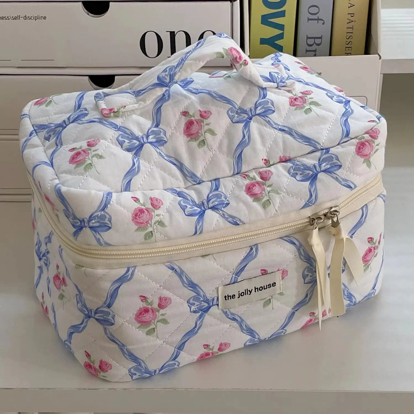 Bow Flower Quilted Makeup Bag – Zipper Cosmetic Organizer