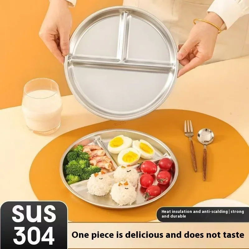 23CM Creative Round Stainless Steel 3 Grid Durable Dinner Plate Serving Tray For Kids Student Quantitative Proportion Meal Plate Peaceful Pleasures Health and Wellness