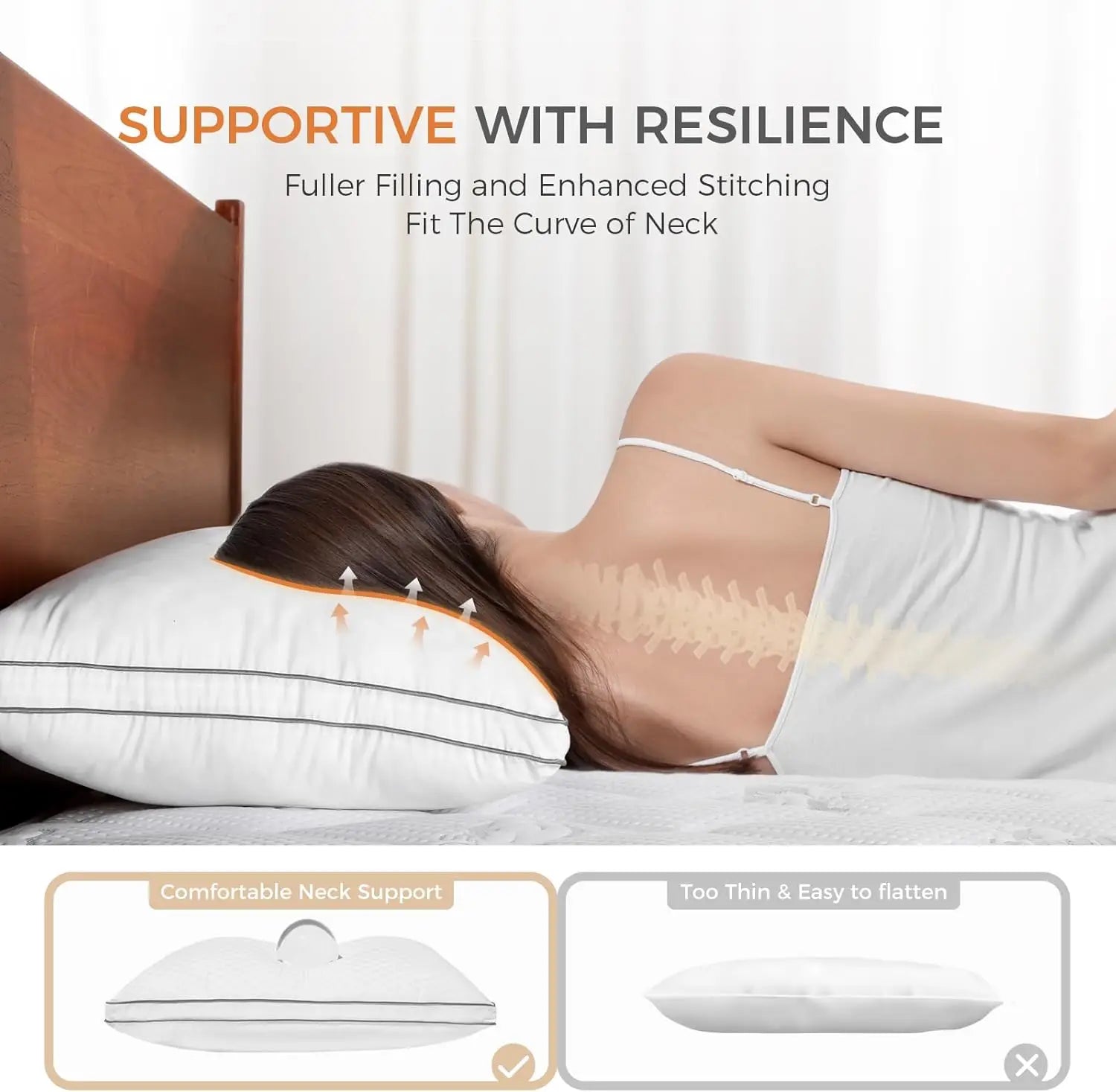 Woman lying on a pillow with text about supportive neck pillows