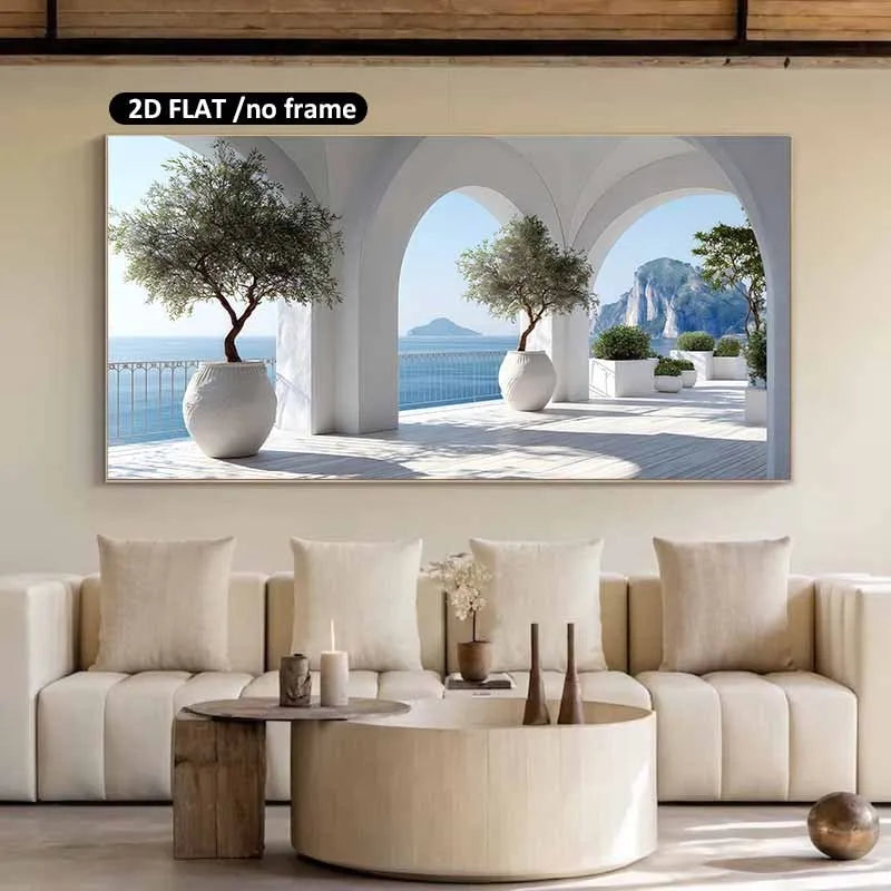 2D Flat, Frameless Modern Home Decor Canvas Art Prints for Living Room Bedroom Posters Coastal Archway Olive Trees Sea View Peaceful Pleasures Health and Wellness