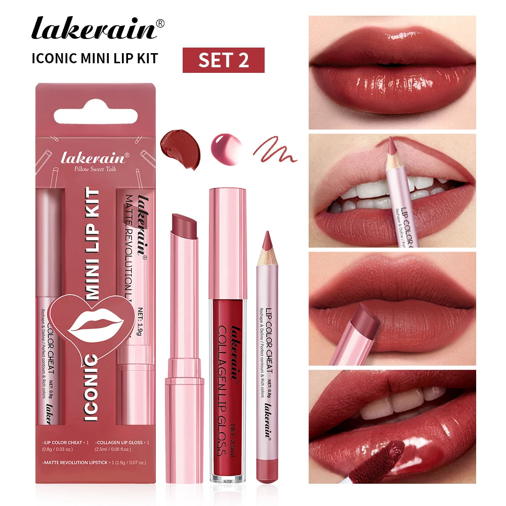 3pcs Lip Makeup Set Lip Liner Lip Gloss Lipstick Mirror Effect Beep Lips High Color Long-lasting Hydrates Travel Mini Set Peaceful Pleasures Health and Wellness set 2