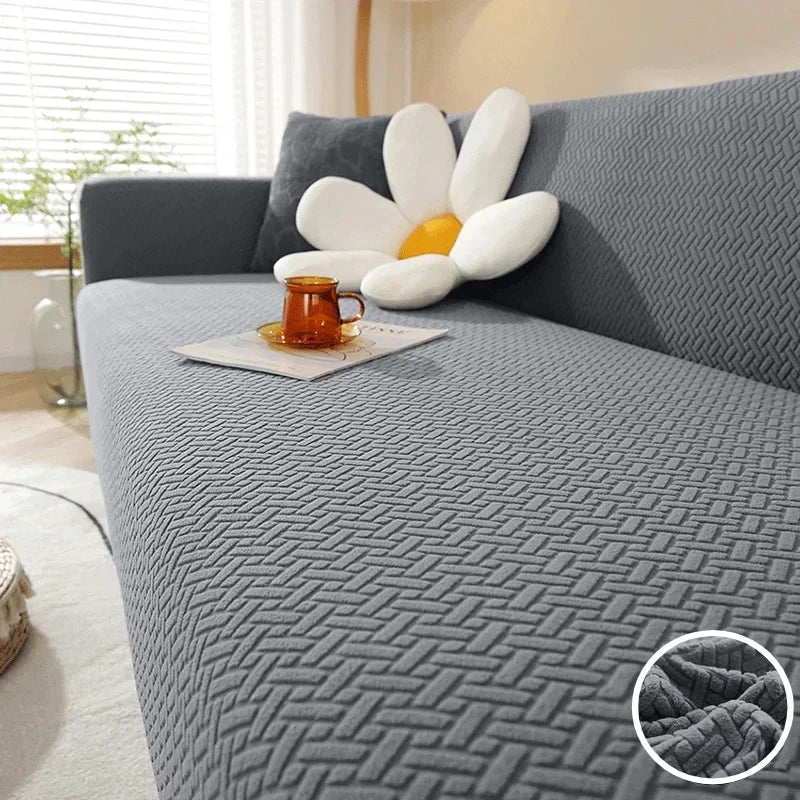 Jacquard Sofa Cover For Living Room Elastic Thick Jacquard Sofa Cover For L-shaped Corner Sofa Cover 1/2/3Seater with Pillowcase Peaceful Pleasures Health and Wellness Dark Grey Long Grid 1 Seater 90-140cm