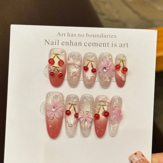 10PCS 3D Cherry Bowknot Decor Handmade Press on Nails Glitter Almond Sweet Fake Nails Wearable Blush Cat's Eye False Nails Art Peaceful Pleasures Health and Wellness