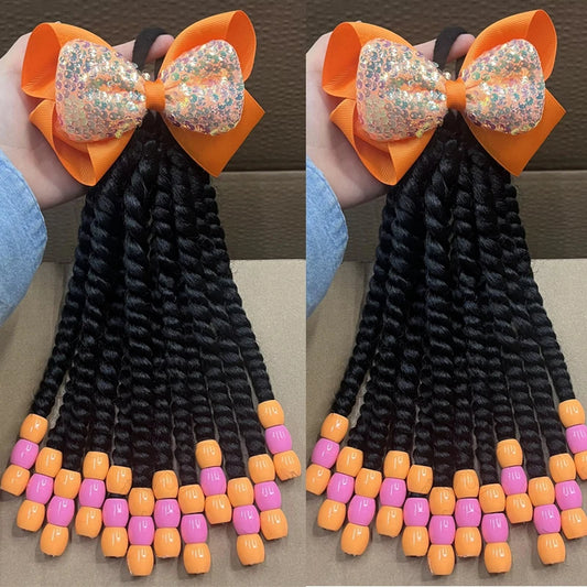 2PCS Hair 2024 New Little Girls Braided Ponytails with Beads Kids Girls Hair Bow Glitter Shinny Shining with Big Balls Bubbles Peaceful Pleasures Health and Wellness