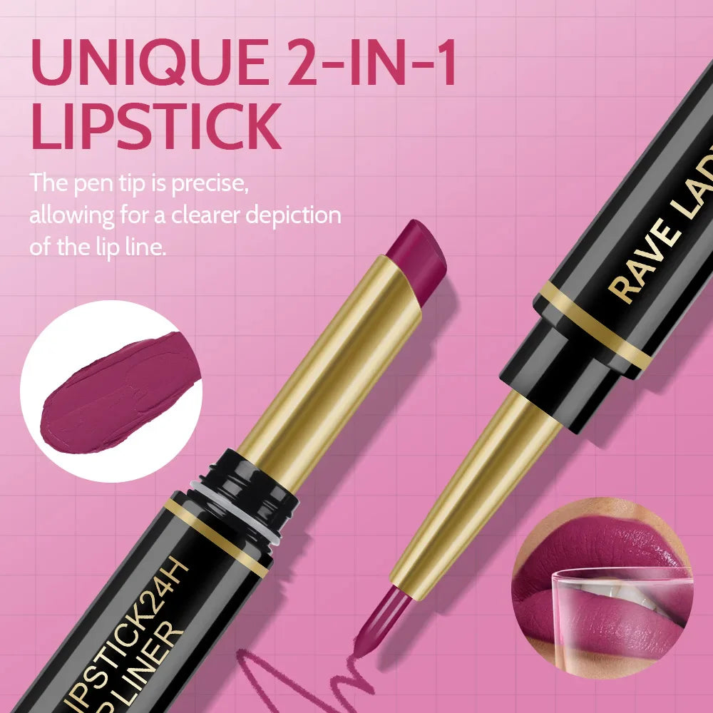Rave Lady 2-in-1 Matte Lipstick & Lip Liner – 6 Colors