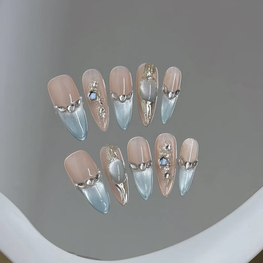 10pcs Handmade Blue Cat Eye Press on Nails with Glitter Diamond Design Fake Nails Wearable Detachable Sweet Almond False Nails Peaceful Pleasures Health and Wellness M