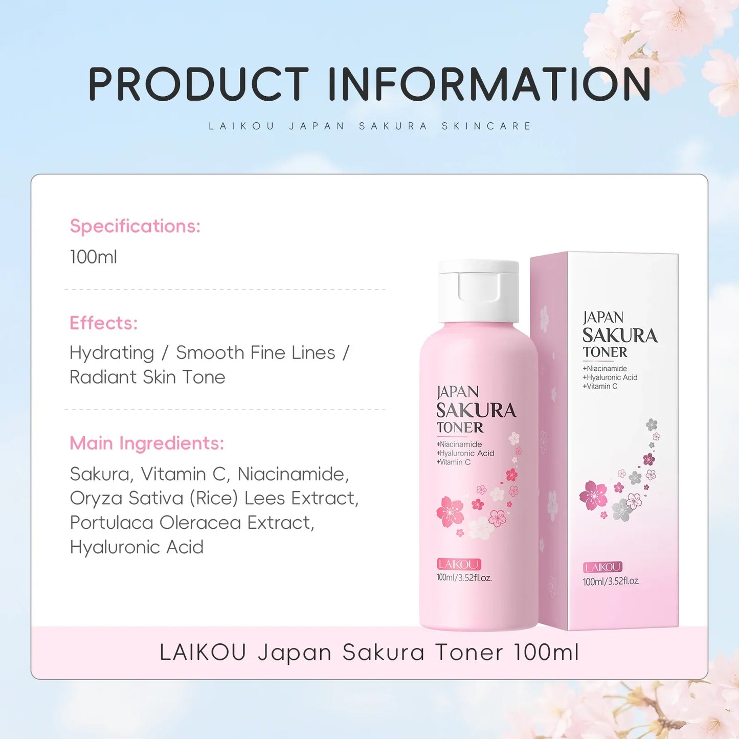 LAIKOU Sakura Toner – Niacinamide, Hyaluronic Acid & Vitamin C