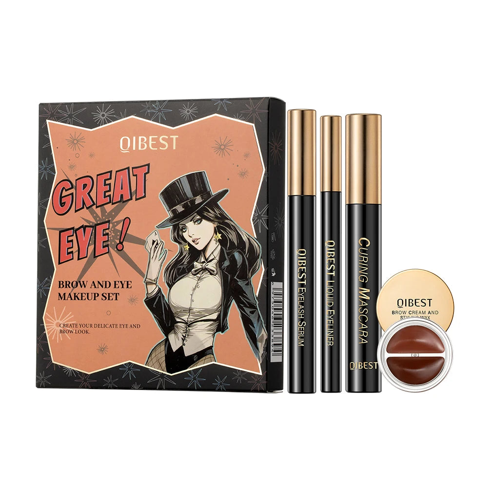 QIBEST 4PCS Eyes Makeup Sets Liquid Eyeliner Pen 4D Black Mascara Eyelash Serum Lengthening Thick Enhancer Eyes Cosmetics Kits Peaceful Pleasures Health and Wellness eye makeup kits