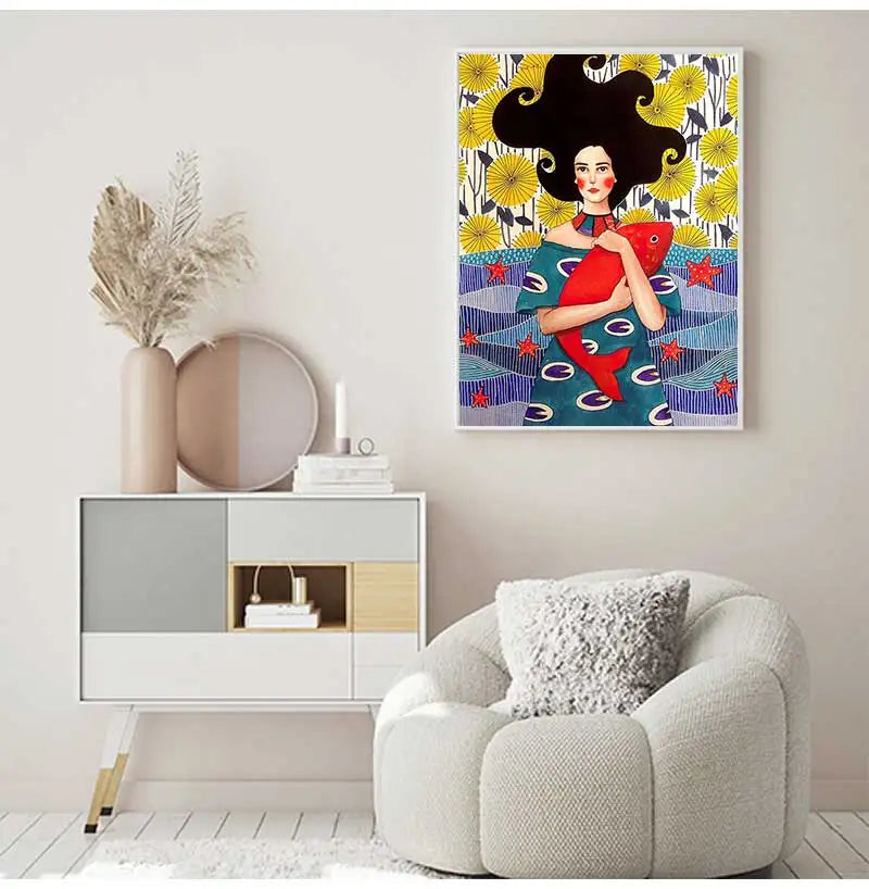 Nordic Cartoon Girl & Fish Abstract Canvas Wall Art Print