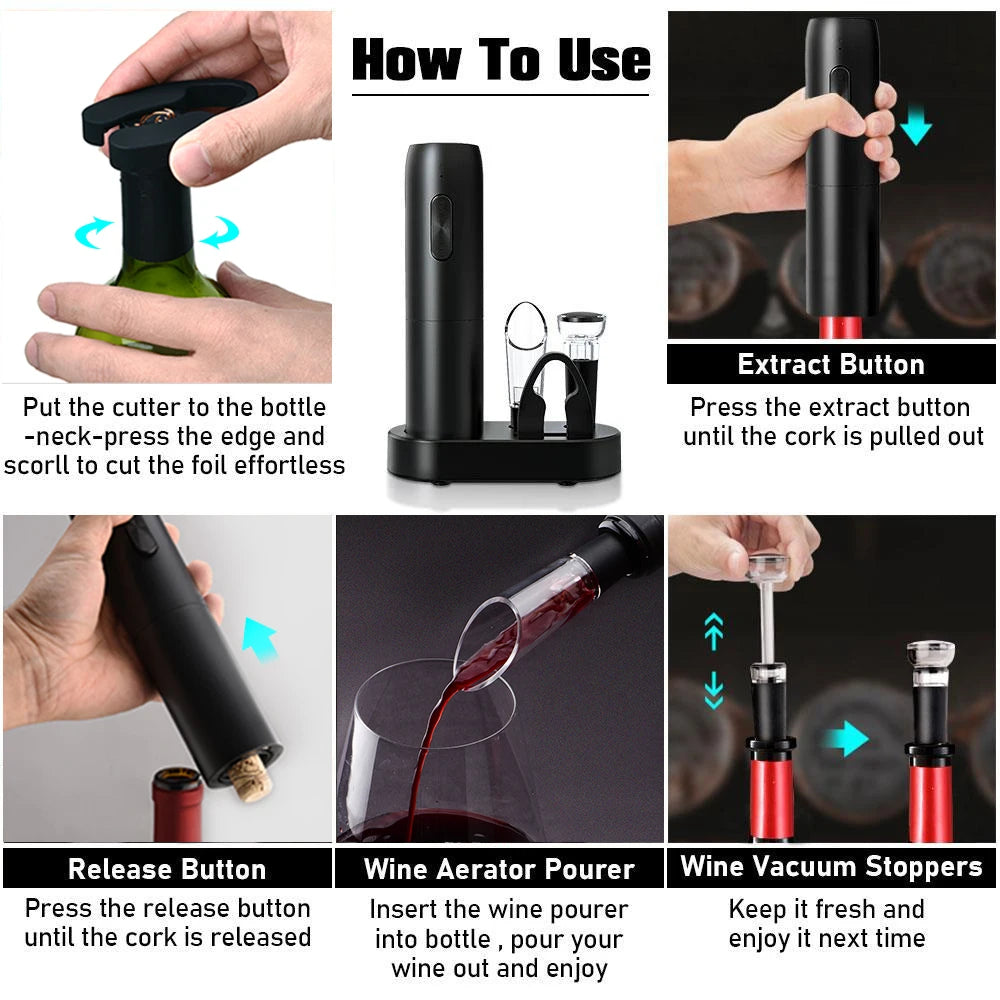 Electric Wine Bottle Opener Automatic Red Wine Corkscrew with Charging Base or Battery Powered Wine Tools Kitchen Products Peaceful Pleasures Health and Wellness