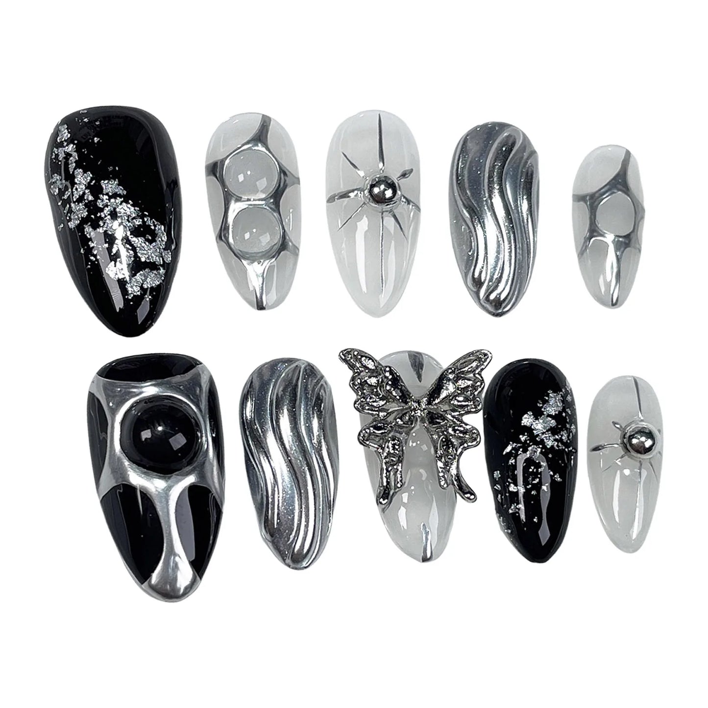 3D Butterfly Press On Nails – Black Silver Almond False Nails