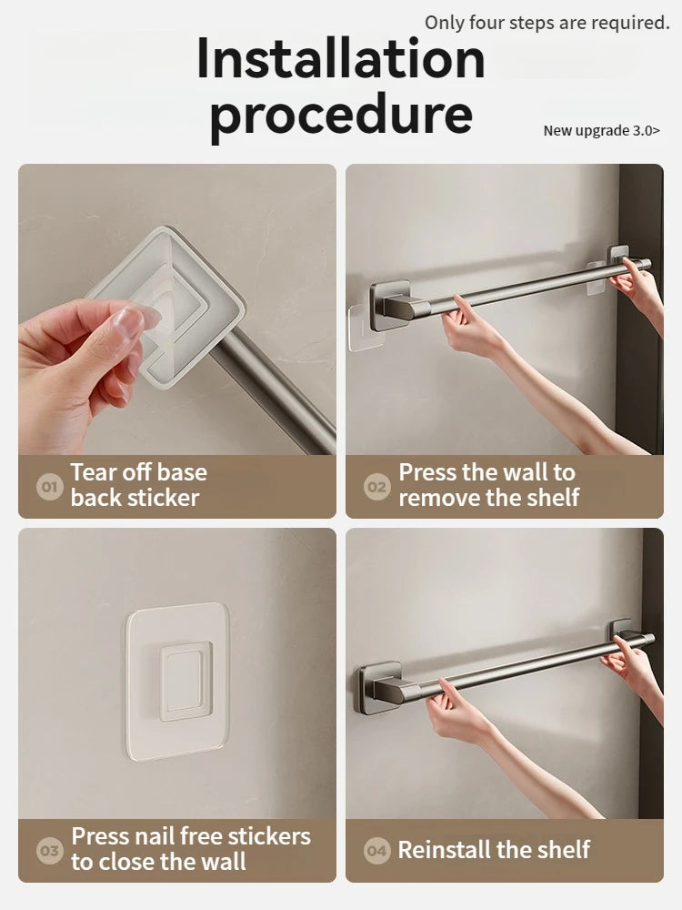 No-Drill Self-Adhesive Towel Bar | Black Aluminum Towel Rack