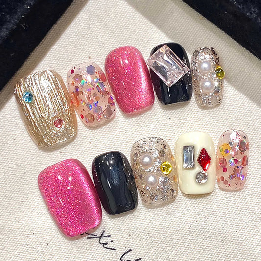Handmade Press on Nails Glitter Pink Sequins Cat Eyes Glossy Fake Nails Full Cover Short Square Shiny Crystal Design False Nails Peaceful Pleasures Health and Wellness