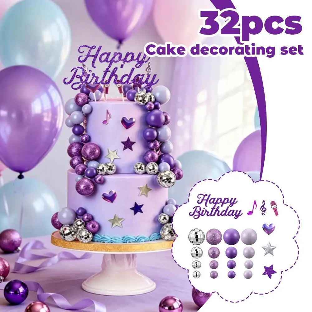 32pc Purple Music Cake Topper Set – Disco Balls, Stars & Hearts