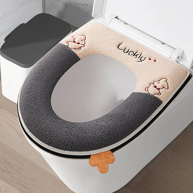 Upgraded Thickened Zipper Style Cartoon Toilet Seat Cushion Universal Waterproof Toilet Seat Cover for All Seasons Home Comfort Peaceful Pleasures Health and Wellness Light Grey