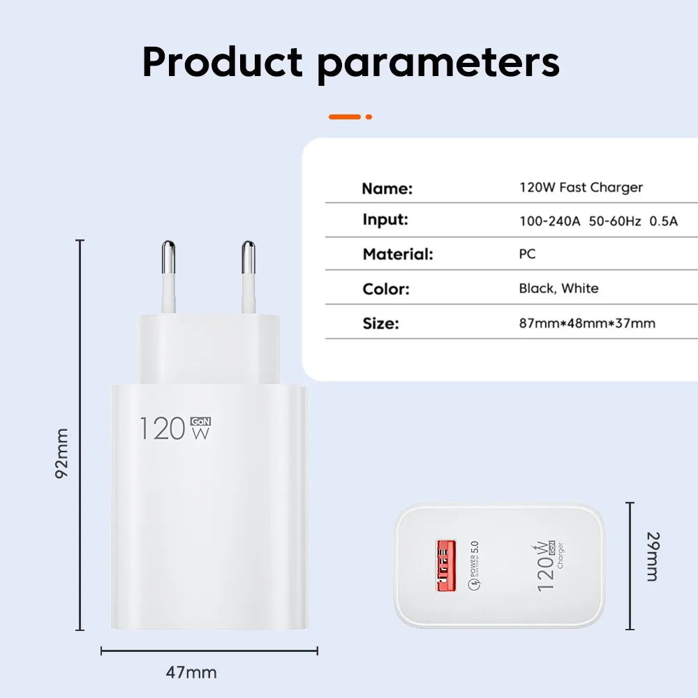 120W Fast USB Wall Charger QC3.0 + 6A Type-C Cable