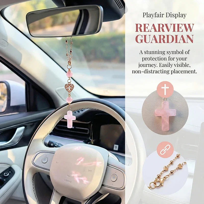 Rose Quartz Crystal Cross Rearview Mirror Charm | Car Decor