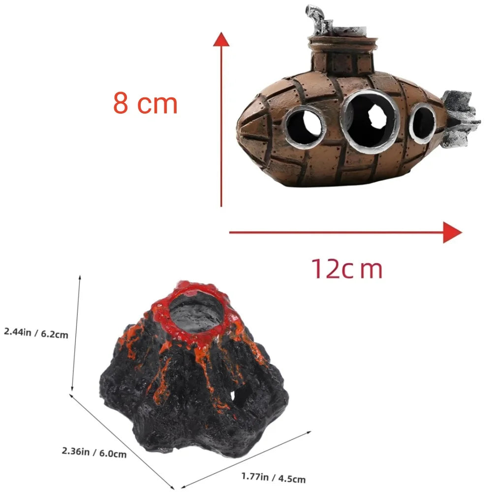 Aquarium Decoration Set Resin Submarine & Volcano Air Bubbler Fish Tank Ornaments Landscape Accessories for Betta Shrimp Decor Peaceful Pleasures Health and Wellness