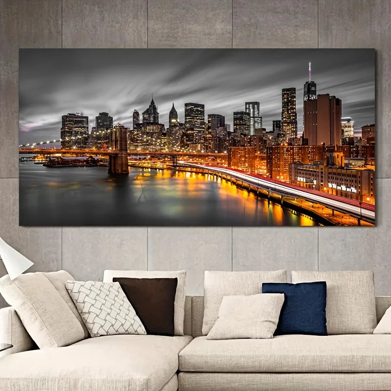 Unframed Large New York Manhattan Cityscape Wall Art,Brooklyn Bridge Sunset Night View Picture Canvas Wall Art,Artwork Painting Peaceful Pleasures Health and Wellness