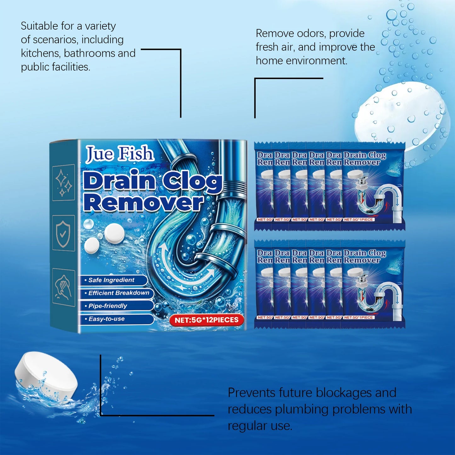 12-Pack Drain Clog Remover Effervescent Tablets | Pipe Cleaner