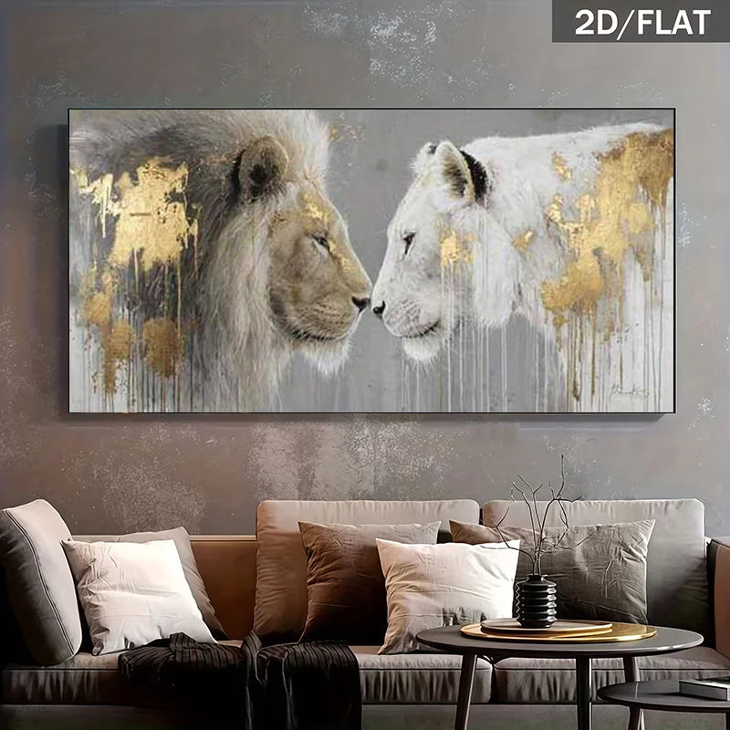 2D Flat, Frameless Large Modern Canvas Poster Lions Artwork, Minimalist Gray Golden Animal Decoration for Living Rooms, Bedrooms Peaceful Pleasures Health and Wellness 50x100cm No Frame ZLH10464