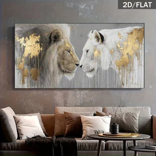 2D Flat, Frameless Large Modern Canvas Poster Lions Artwork, Minimalist Gray Golden Animal Decoration for Living Rooms, Bedrooms Peaceful Pleasures Health and Wellness 50x100cm No Frame ZLH10464
