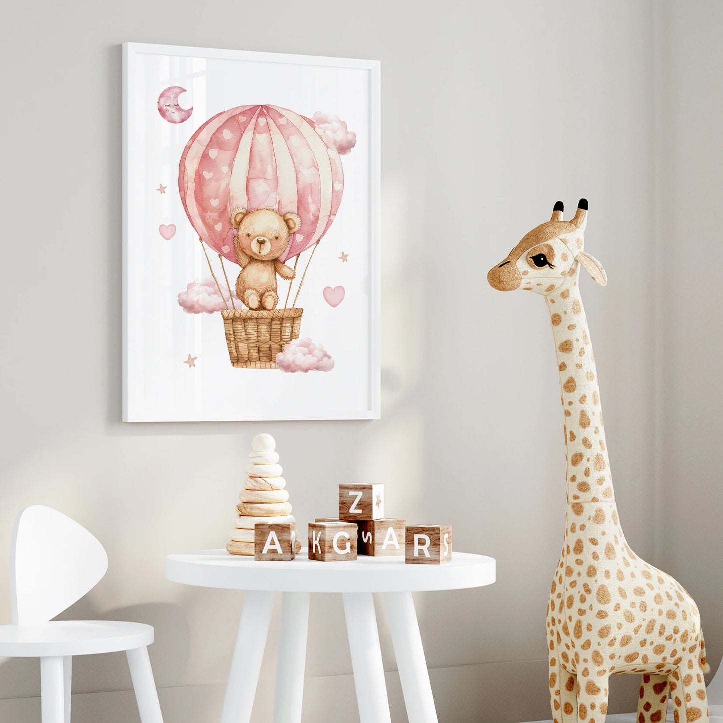 3-Piece Pink Teddy Bear Hot Air Balloon Kids Canvas Wall Art