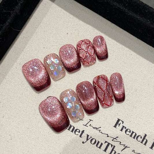Handmade Press on Nails Glitter Raspberry Wine Red French Cat Eye Fake Nails Wearable Full Cover Sweet Korean Short False Nails Peaceful Pleasures Health and Wellness