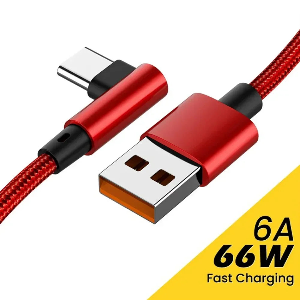 90° USB-C Fast Charging Cable 66W 6A Braided – Up to 3M