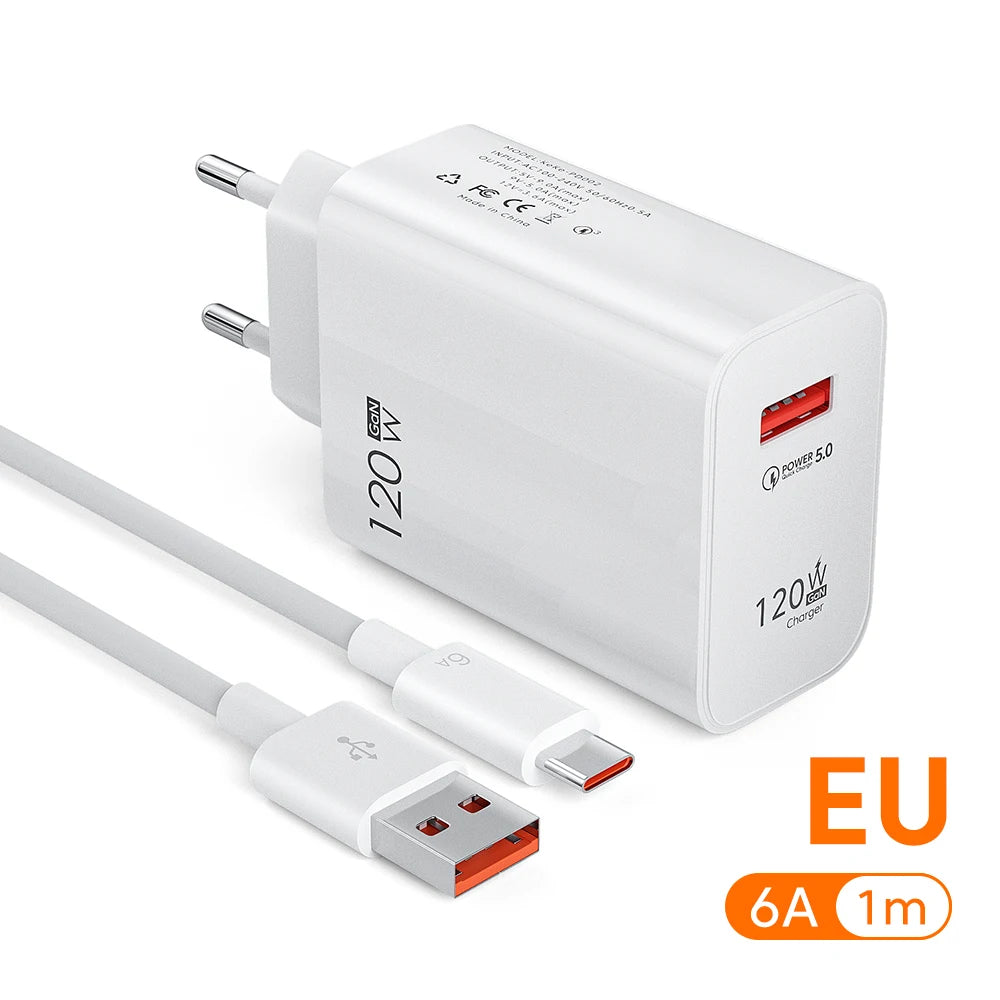 120W Fast USB Wall Charger QC3.0 + 6A Type-C Cable