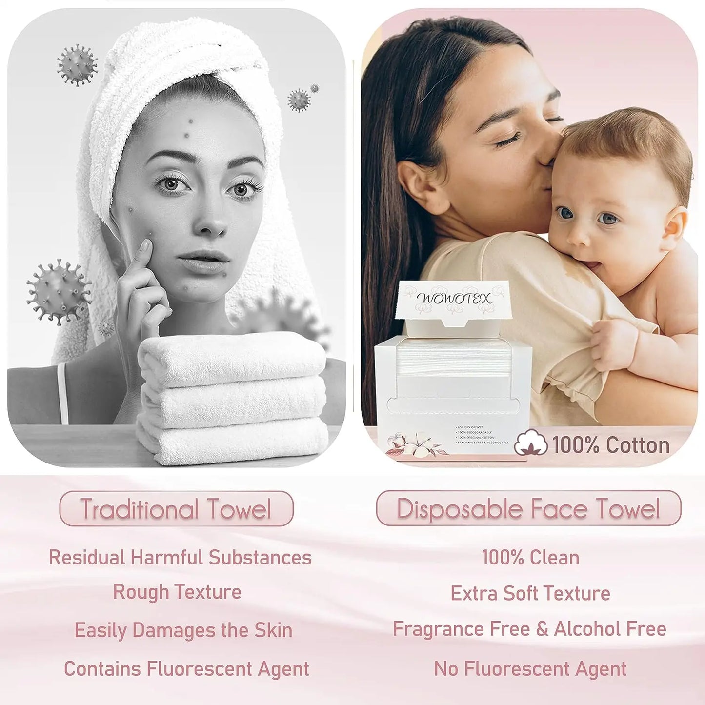 100% Cotton Disposable Face Towels – 50ct Biodegradable Wipes