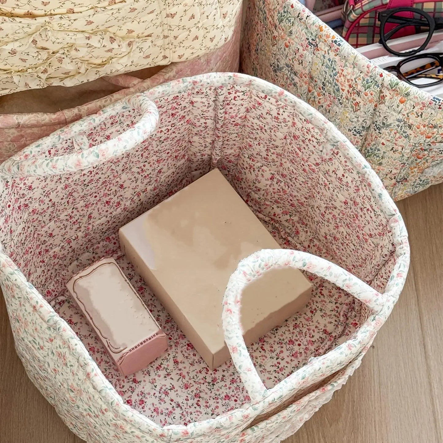 Boho Floral Quilted Storage Basket – Foldable Fabric Organizer
