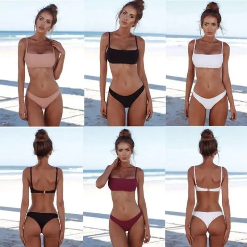 Women's Bikini Solid Two Swimsuit Sexy Spaghetti Strap Beach Swimwear