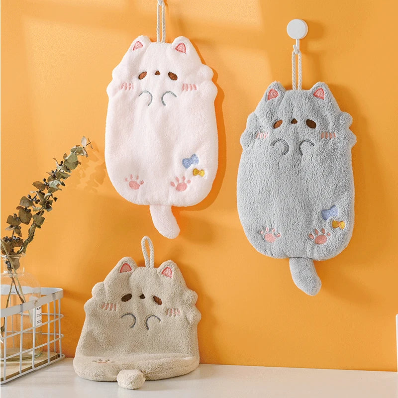 Cute Cartoon Cat Hanging Hand Towel Coral Fleece Non-shedding Thick Cloth High Appearance Level Kitchen Bathroom Absorbent Towel Peaceful Pleasures Health and Wellness