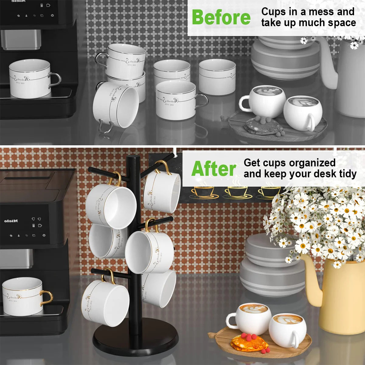 Bamboo Mug Tree Stand, Space-Saving Cup Holder, Durable, Organize Your Favorite Coffee Mugs, Perfect for Any Kitchen Countertop Peaceful Pleasures Health and Wellness