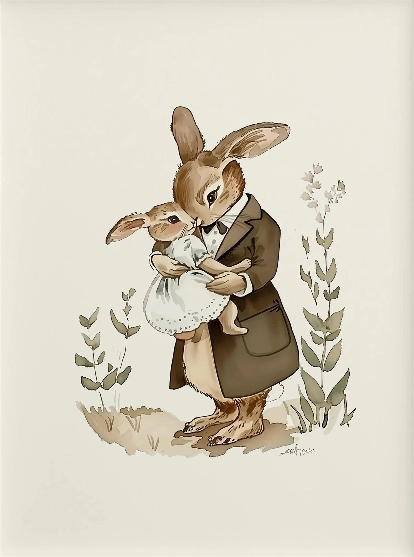 Cartoon Mom & Bunny Nursery Canvas Wall Art | Unframed Print