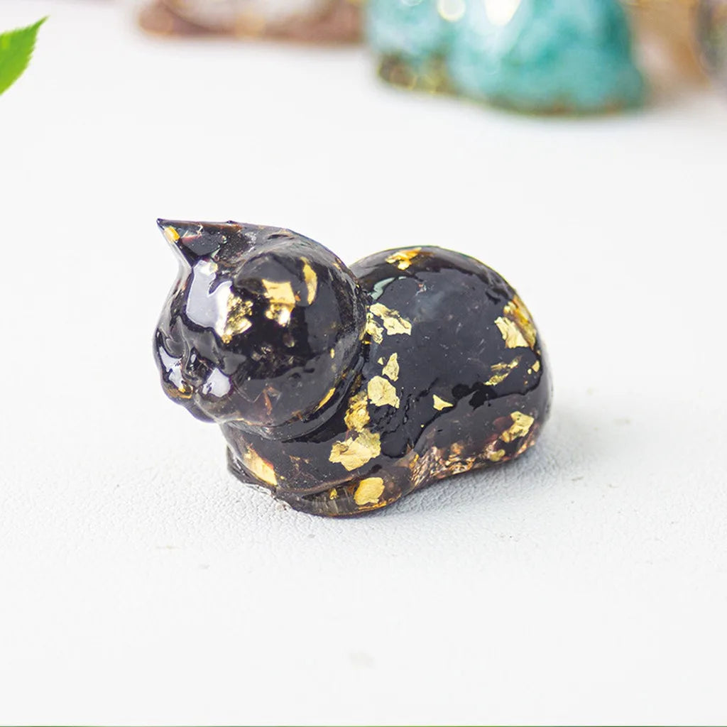 Crystal Chip Epoxy Lying Cat Figurine | Desk Decor & Gift
