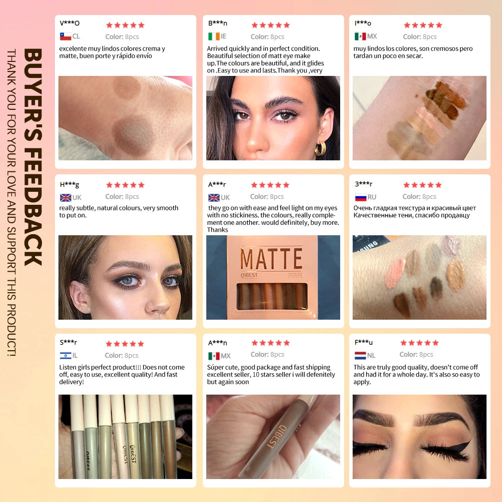 QIBEST 8 Color Matte Liquid Eyeshadow Set Long Lasting Waterproof Eye Shadows Quick-drying Nude White Eyeshadow Makeup Cosmetics Peaceful Pleasures Health and Wellness